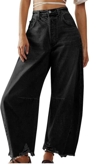 Womens Wide Leg Denim Jeans Button Zipper Frayed Hem Jeans Casual Wear High Waist Flattering Fit Baggy Flared Jeans
