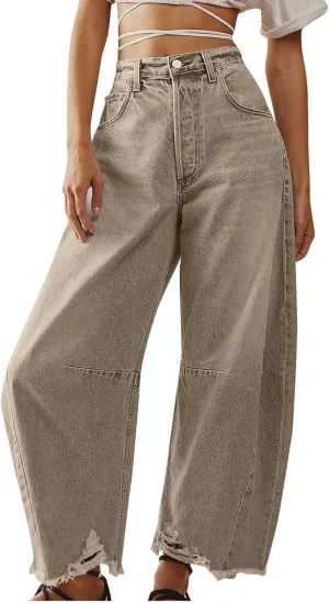 Womens Wide Leg Denim Jeans Button Zipper Frayed Hem Jeans Casual Wear High Waist Flattering Fit Baggy Flared Jeans