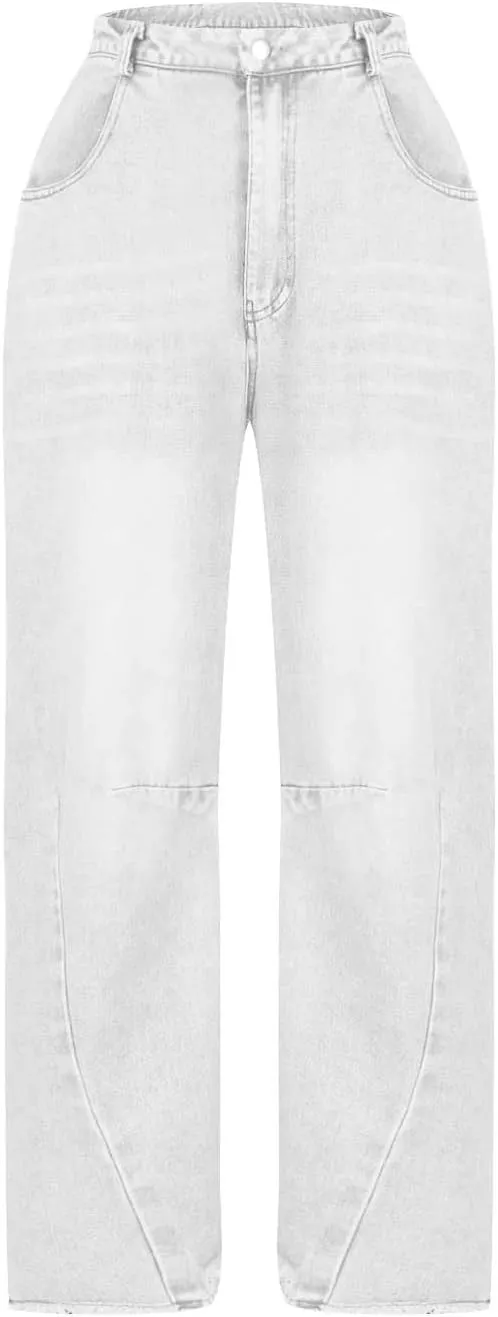 Womens Wide Leg Denim Jeans Button Zipper Frayed Hem Jeans Casual Wear High Waist Flattering Fit Baggy Flared Jeans
