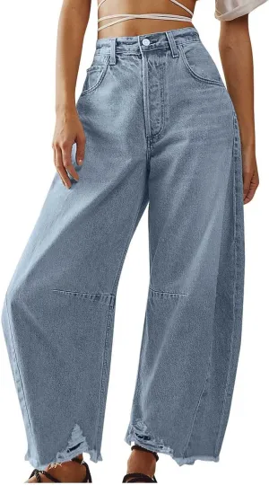 Womens Wide Leg Denim Jeans Button Zipper Frayed Hem Jeans Casual Wear High Waist Flattering Fit Baggy Flared Jeans