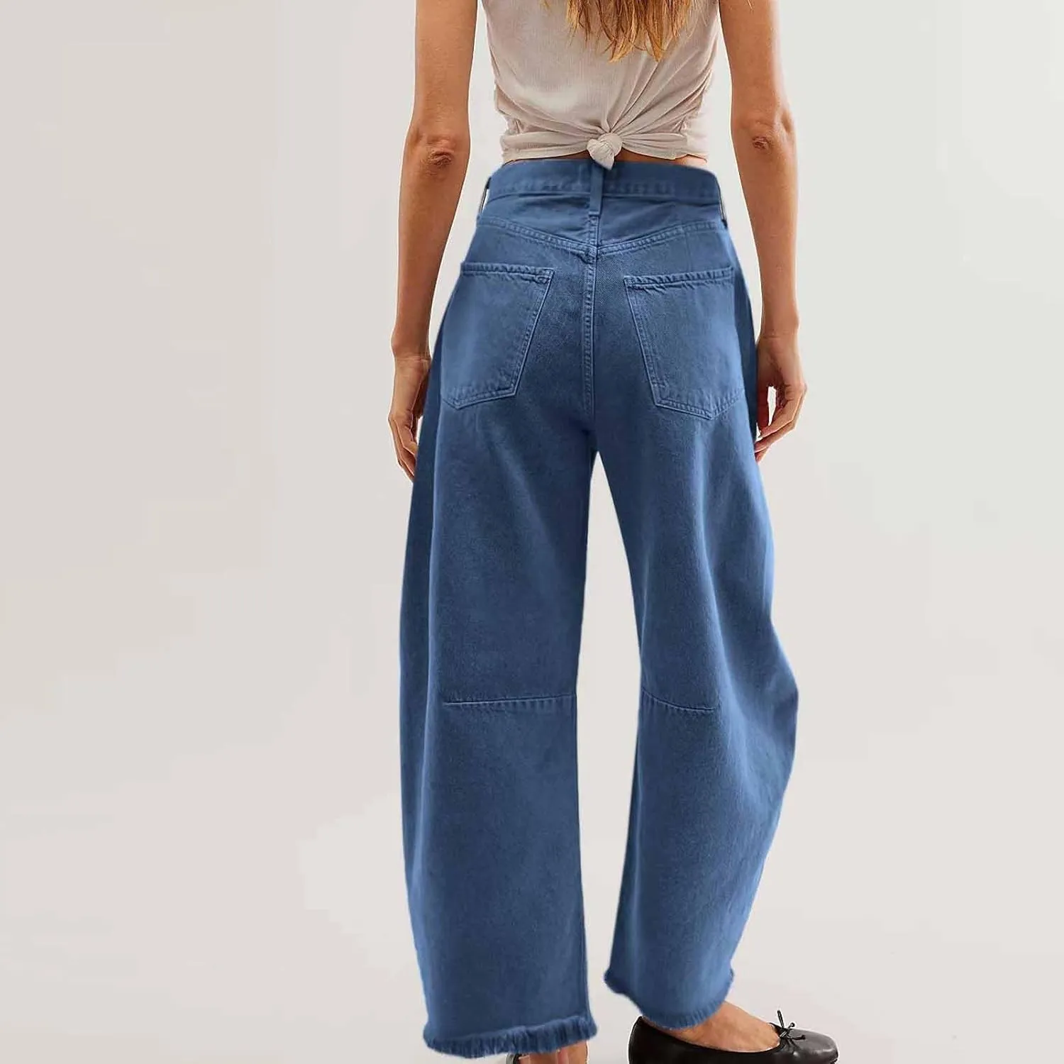 Womens Wide Leg Denim Jeans Button Zipper Frayed Hem Jeans Casual Wear High Waist Flattering Fit Baggy Flared Jeans