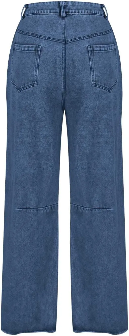 Womens Wide Leg Denim Jeans Button Zipper Frayed Hem Jeans Casual Wear High Waist Flattering Fit Baggy Flared Jeans