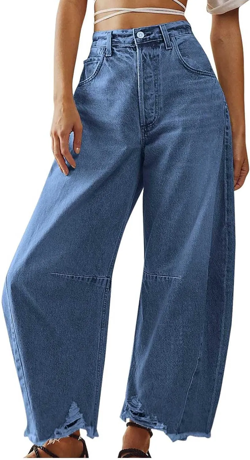 Womens Wide Leg Denim Jeans Button Zipper Frayed Hem Jeans Casual Wear High Waist Flattering Fit Baggy Flared Jeans