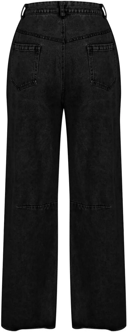Womens Wide Leg Denim Jeans Button Zipper Frayed Hem Jeans Casual Wear High Waist Flattering Fit Baggy Flared Jeans