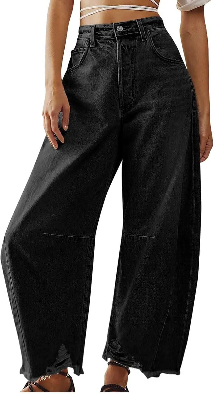 Womens Wide Leg Denim Jeans Button Zipper Frayed Hem Jeans Casual Wear High Waist Flattering Fit Baggy Flared Jeans