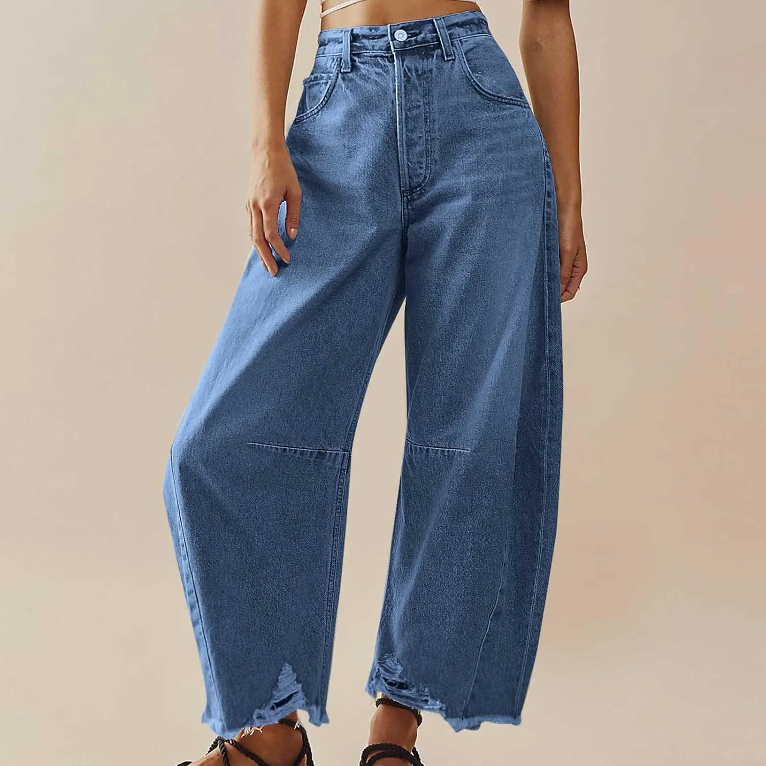 Womens Wide Leg Denim Jeans Button Zipper Frayed Hem Jeans Casual Wear High Waist Flattering Fit Baggy Flared Jeans
