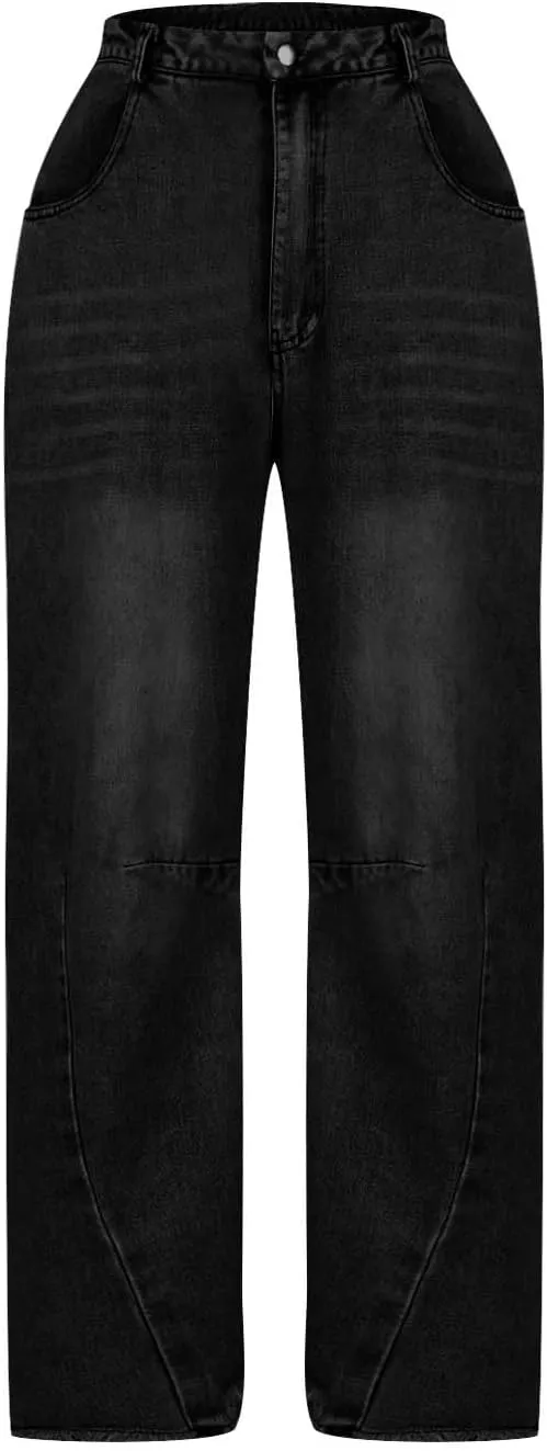 Womens Wide Leg Denim Jeans Button Zipper Frayed Hem Jeans Casual Wear High Waist Flattering Fit Baggy Flared Jeans