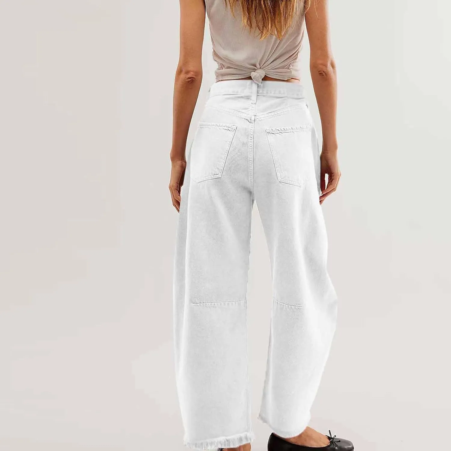 Womens Wide Leg Denim Jeans Button Zipper Frayed Hem Jeans Casual Wear High Waist Flattering Fit Baggy Flared Jeans