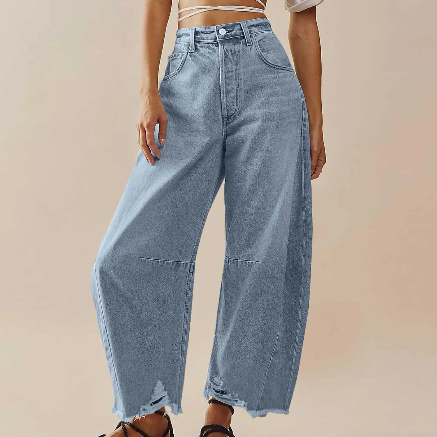 Womens Wide Leg Denim Jeans Button Zipper Frayed Hem Jeans Casual Wear High Waist Flattering Fit Baggy Flared Jeans