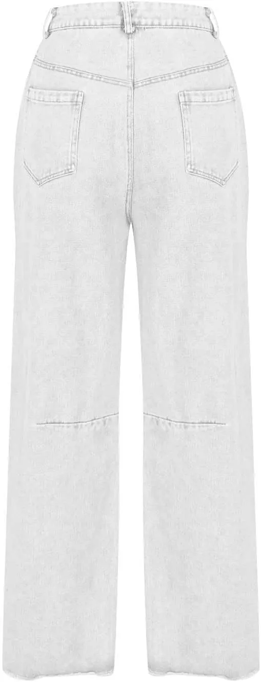 Womens Wide Leg Denim Jeans Button Zipper Frayed Hem Jeans Casual Wear High Waist Flattering Fit Baggy Flared Jeans