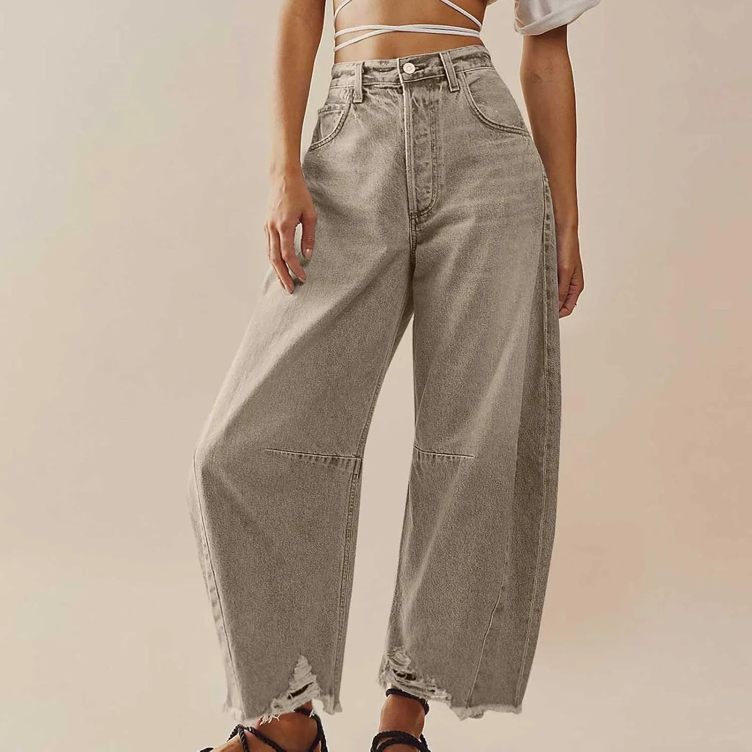 Womens Wide Leg Denim Jeans Button Zipper Frayed Hem Jeans Casual Wear High Waist Flattering Fit Baggy Flared Jeans