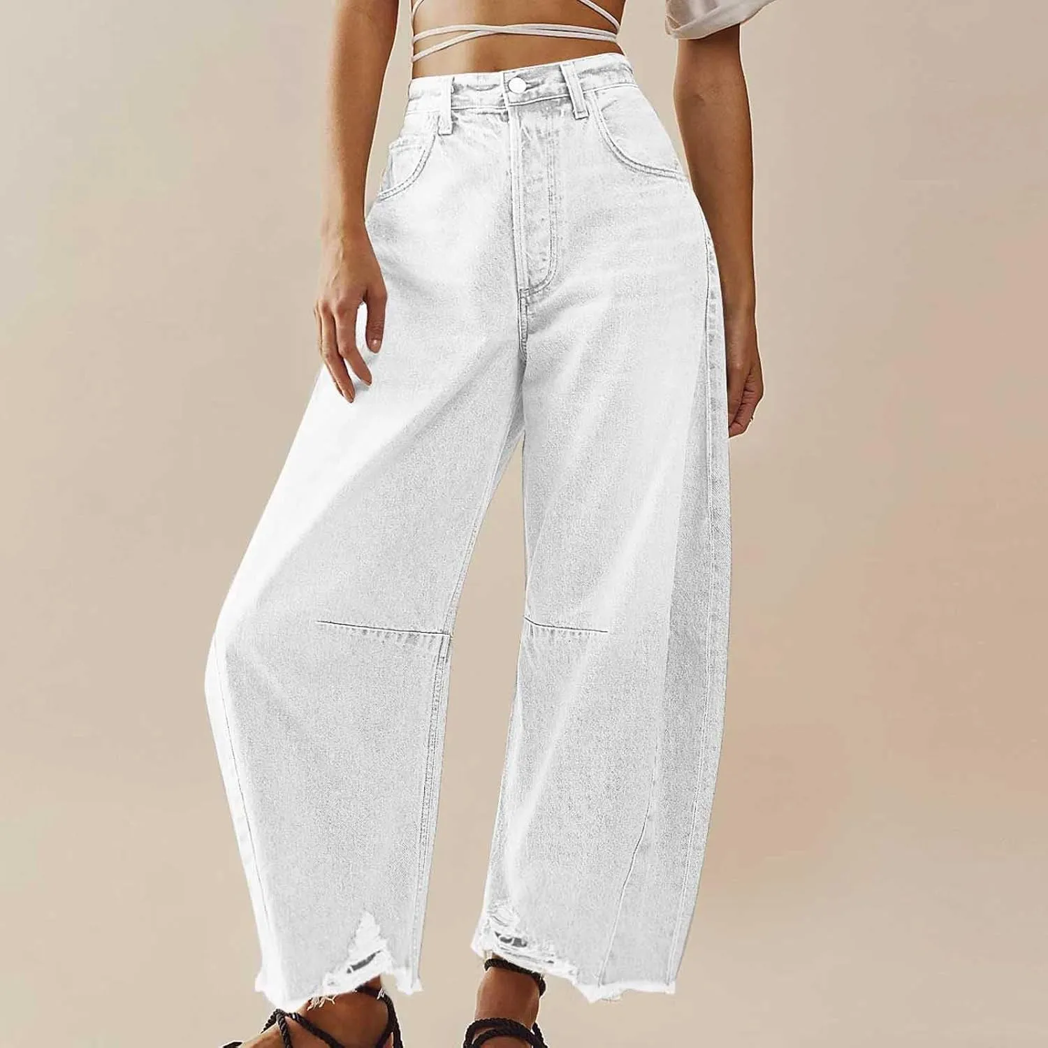 Womens Wide Leg Denim Jeans Button Zipper Frayed Hem Jeans Casual Wear High Waist Flattering Fit Baggy Flared Jeans