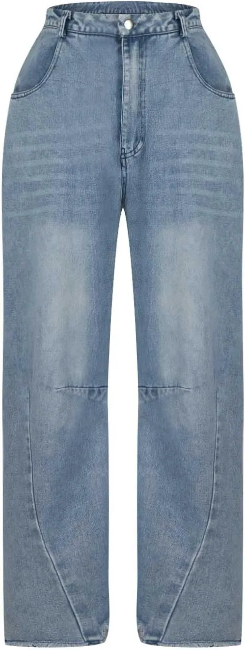 Womens Wide Leg Denim Jeans Button Zipper Frayed Hem Jeans Casual Wear High Waist Flattering Fit Baggy Flared Jeans