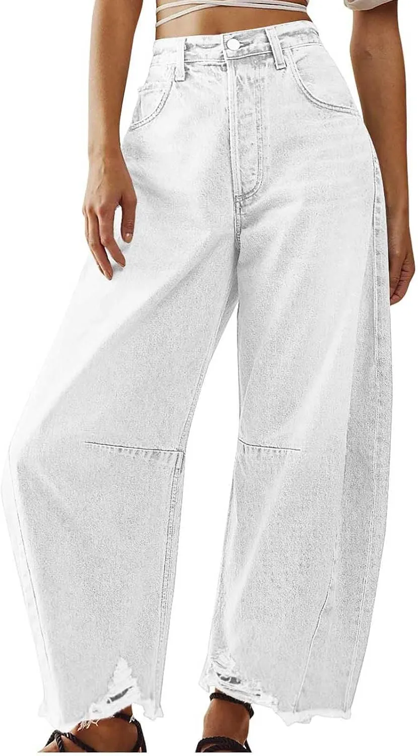 Womens Wide Leg Denim Jeans Button Zipper Frayed Hem Jeans Casual Wear High Waist Flattering Fit Baggy Flared Jeans