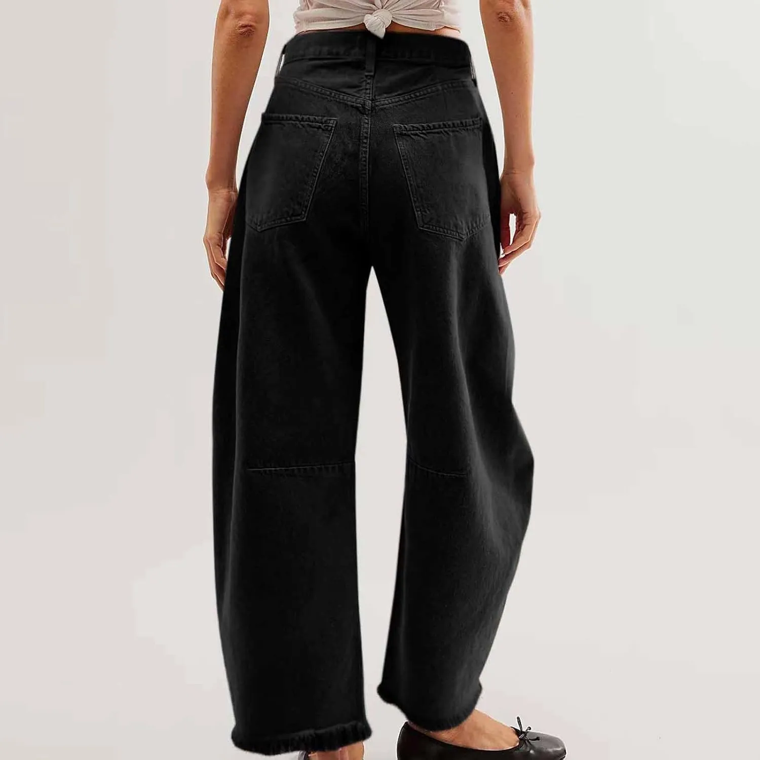 Womens Wide Leg Denim Jeans Button Zipper Frayed Hem Jeans Casual Wear High Waist Flattering Fit Baggy Flared Jeans
