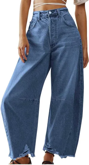 Womens Wide Leg Denim Jeans Button Zipper Frayed Hem Jeans Casual Wear High Waist Flattering Fit Baggy Flared Jeans