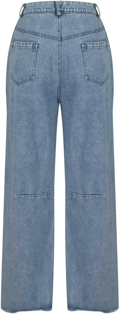 Womens Wide Leg Denim Jeans Button Zipper Frayed Hem Jeans Casual Wear High Waist Flattering Fit Baggy Flared Jeans