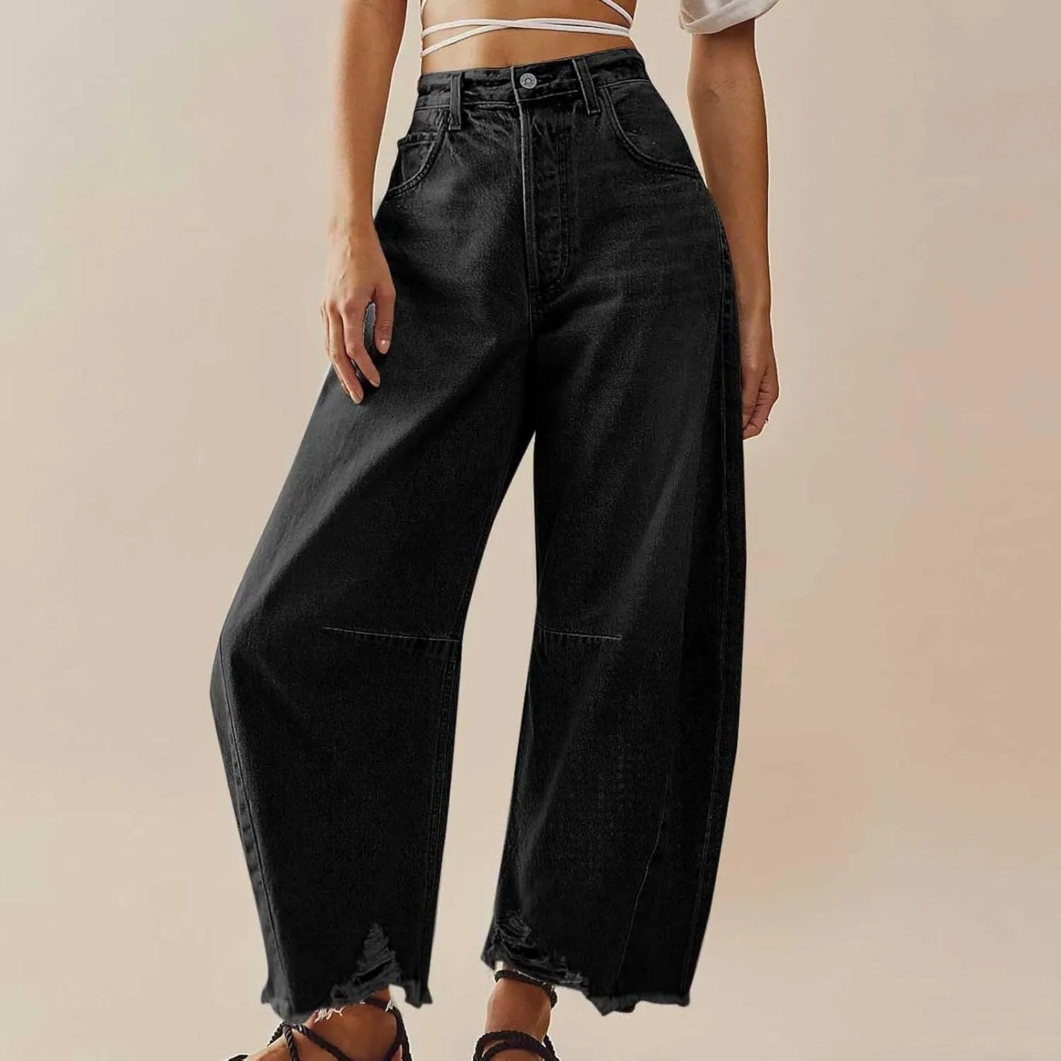 Womens Wide Leg Denim Jeans Button Zipper Frayed Hem Jeans Casual Wear High Waist Flattering Fit Baggy Flared Jeans