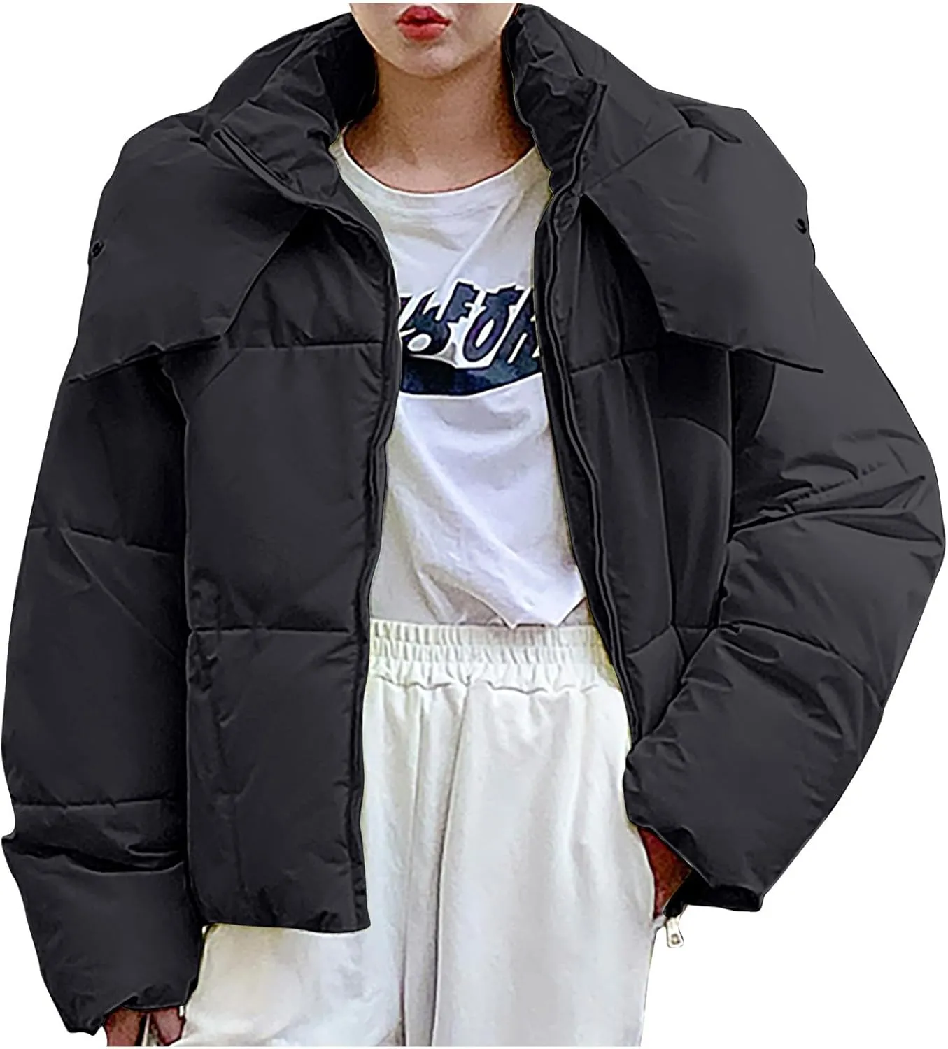 Women's Winter Coat Long Sleeve Cropped Puffer Jacket Baggy Quilted Jacket Padded Short Down Coats Parka With Pocket