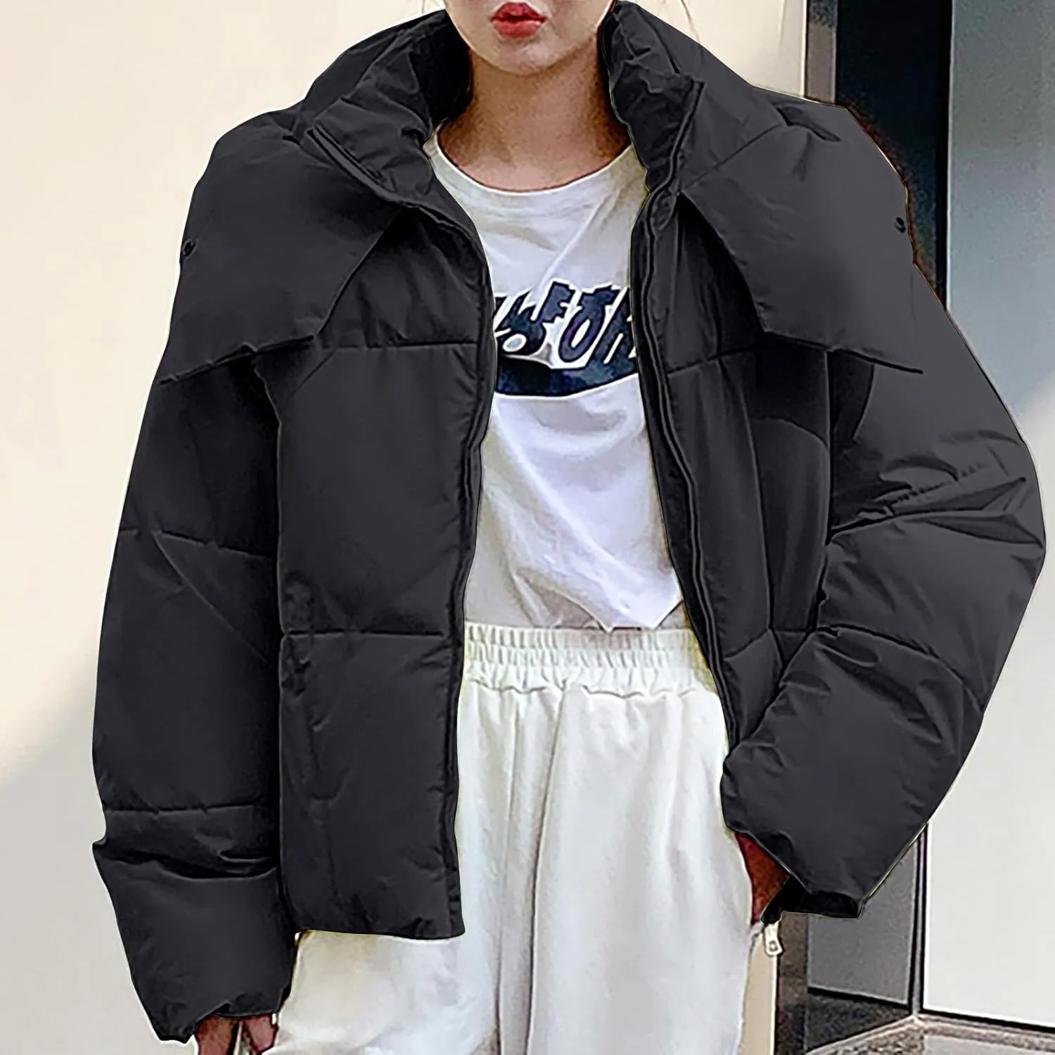 Women's Winter Coat Long Sleeve Cropped Puffer Jacket Baggy Quilted Jacket Padded Short Down Coats Parka With Pocket