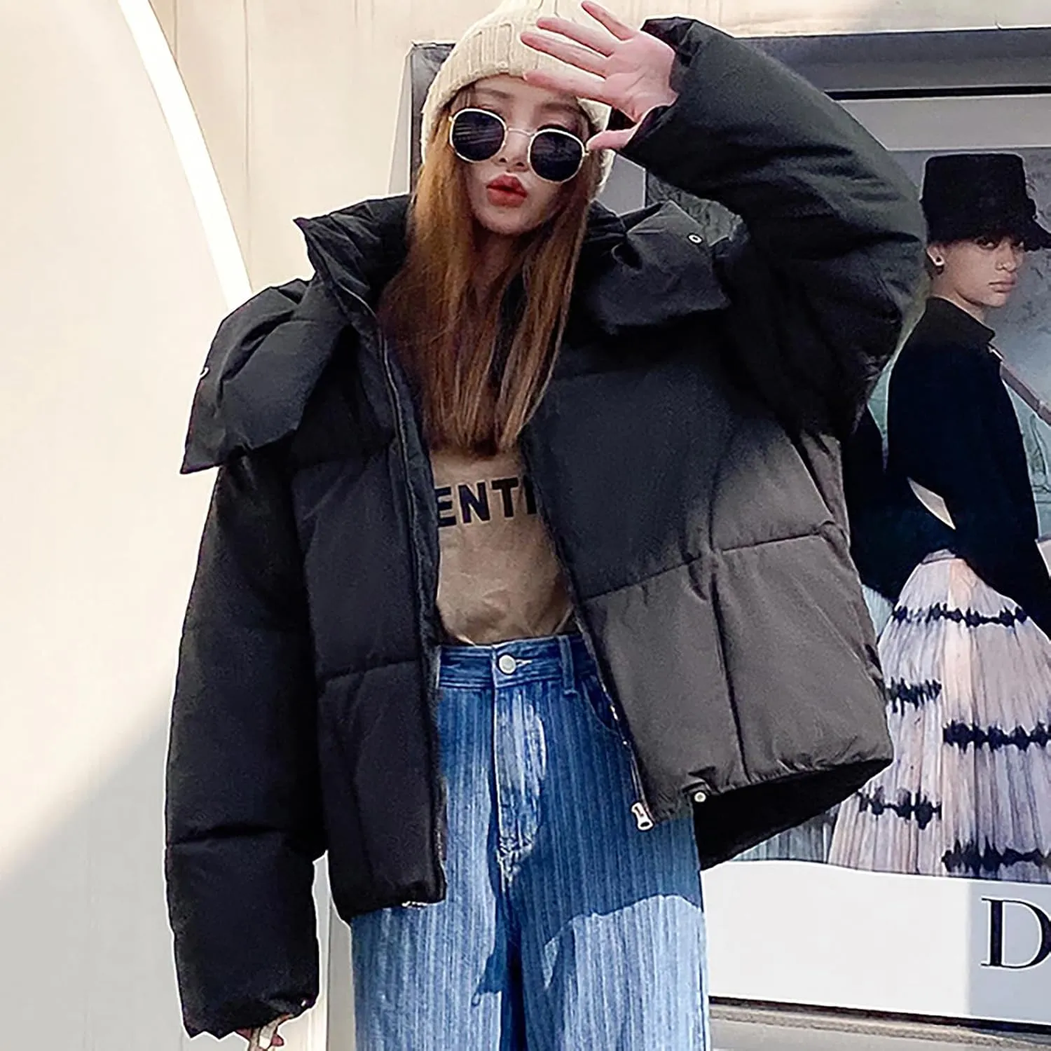 Women's Winter Coat Long Sleeve Cropped Puffer Jacket Baggy Quilted Jacket Padded Short Down Coats Parka With Pocket