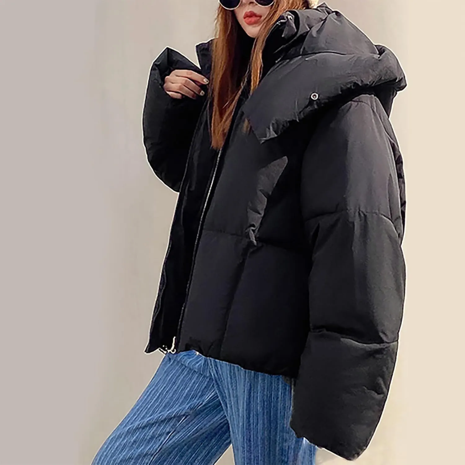 Women's Winter Coat Long Sleeve Cropped Puffer Jacket Baggy Quilted Jacket Padded Short Down Coats Parka With Pocket