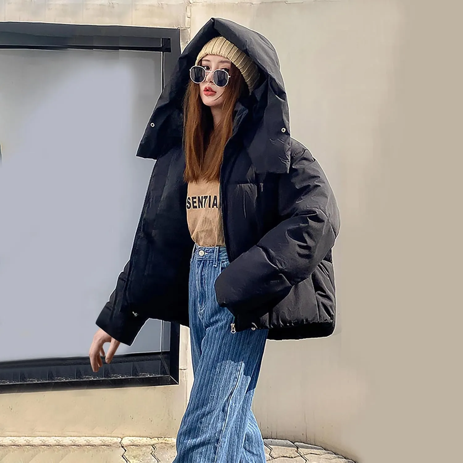 Women's Winter Coat Long Sleeve Cropped Puffer Jacket Baggy Quilted Jacket Padded Short Down Coats Parka With Pocket
