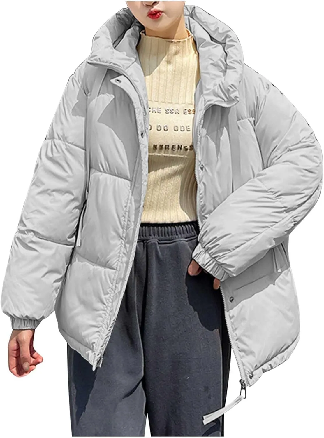 Women's Winter Oversized Puffer Jacket Longline Hoodie Zippered Mock Neck Outwear Coats Quilted Warm Padded down Coat