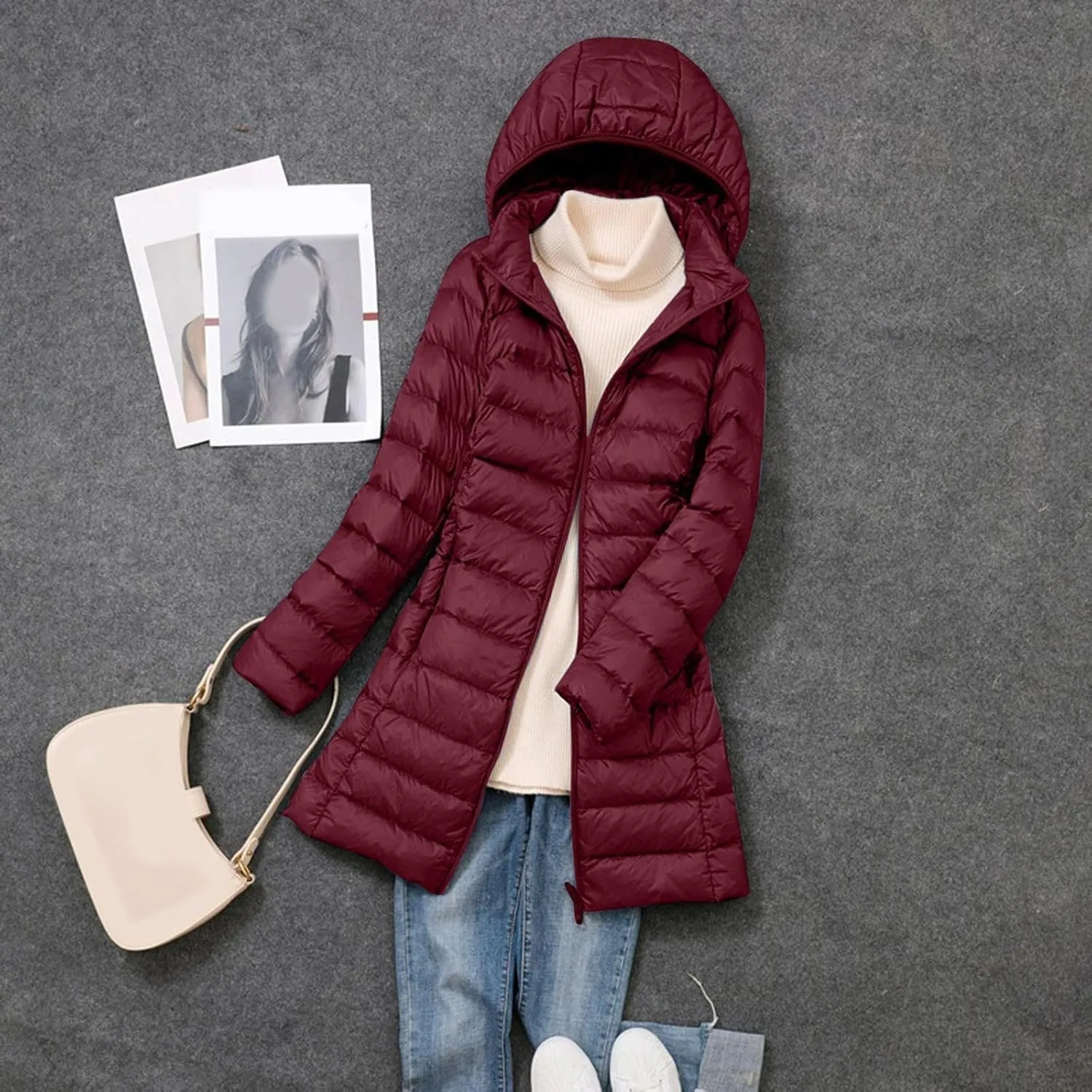 Women's Winter Packable Glossy Down Jacket Ultralight Long Down Outerwear Puffer Jacket Hooded Coat Full Zipper Parka