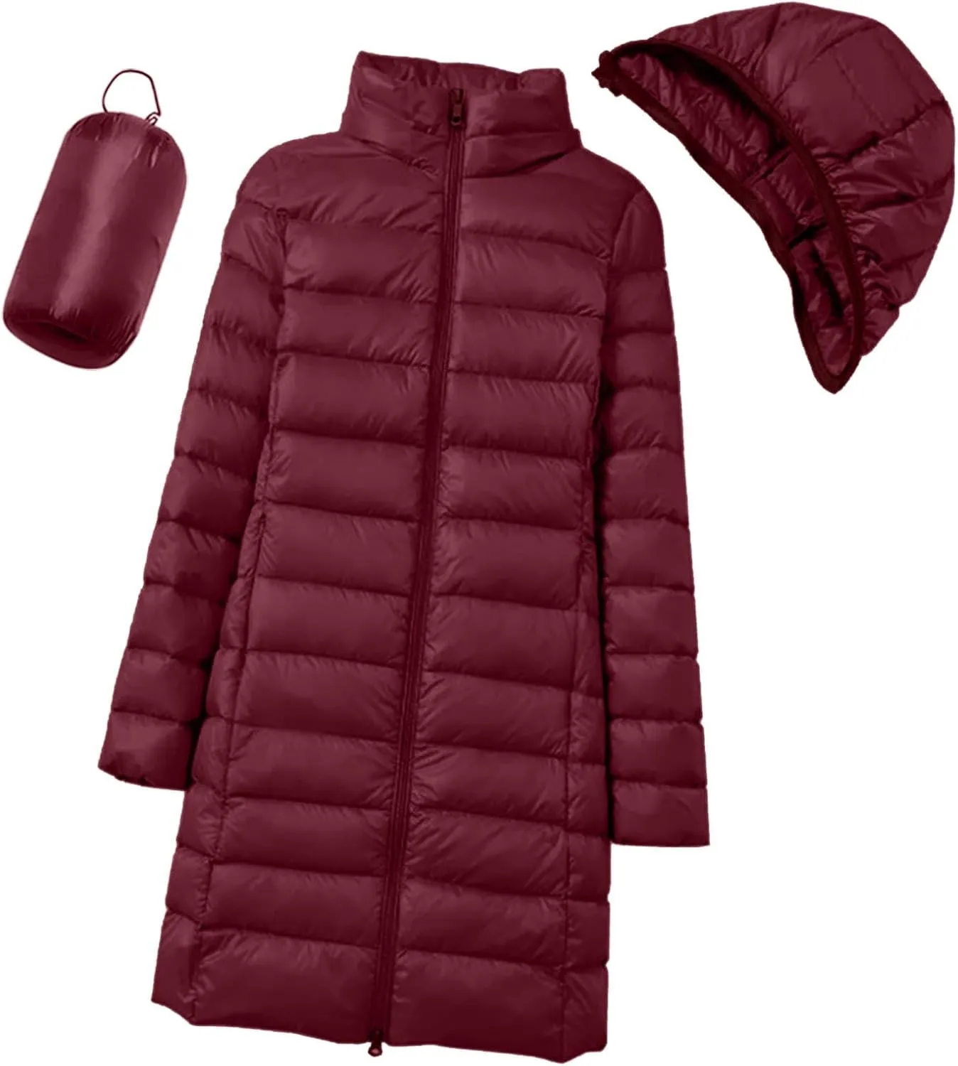 Women's Winter Packable Glossy Down Jacket Ultralight Long Down Outerwear Puffer Jacket Hooded Coat Full Zipper Parka