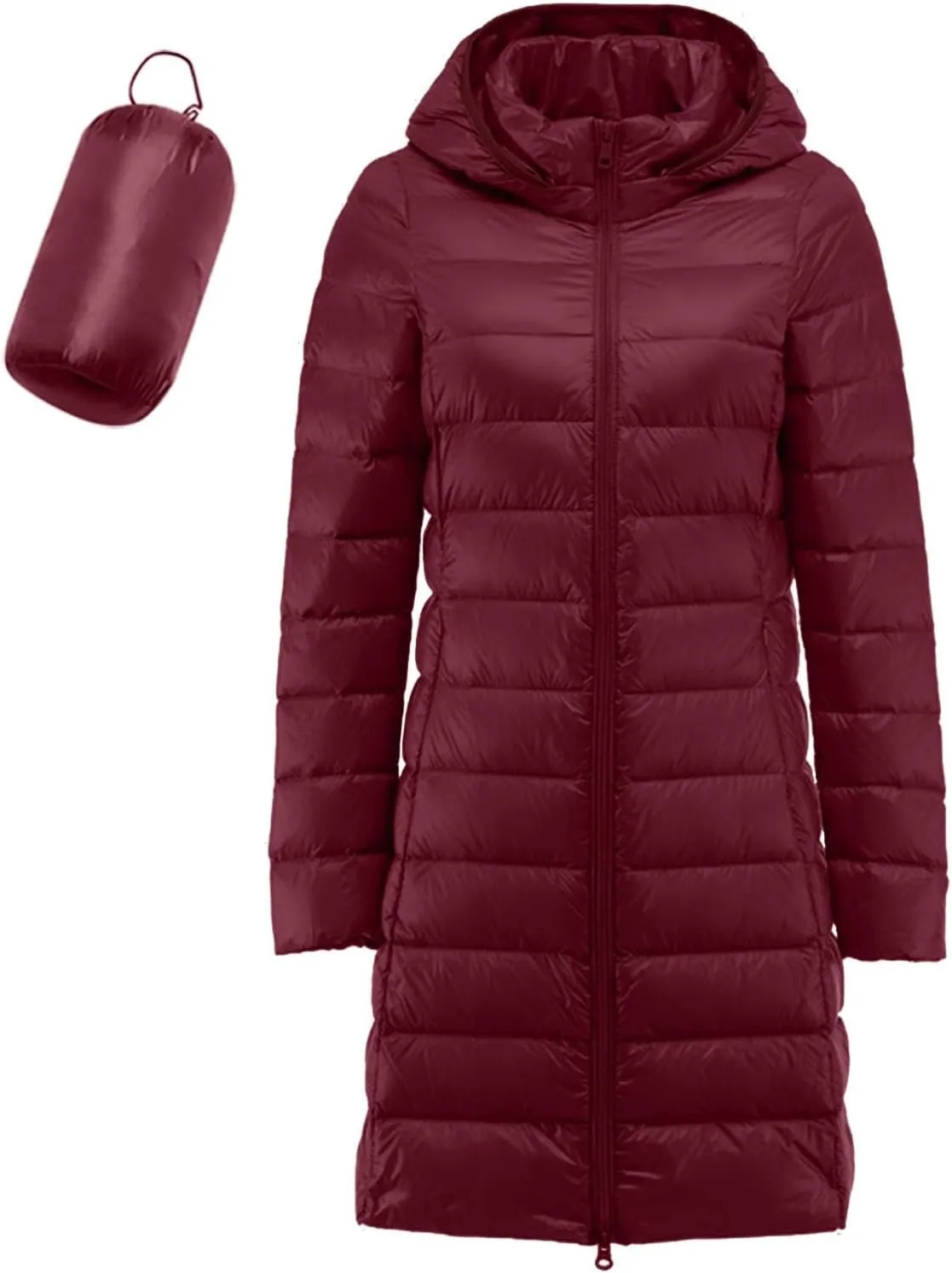 Women's Winter Packable Glossy Down Jacket Ultralight Long Down Outerwear Puffer Jacket Hooded Coat Full Zipper Parka