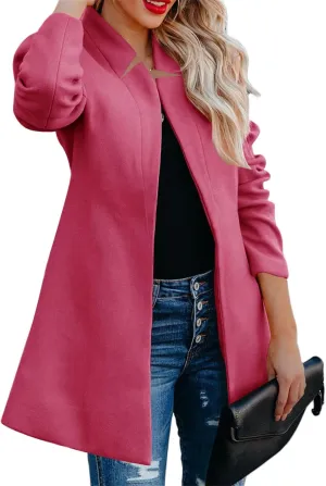 Womens Wool Blend Coats Open Front Stand Collar Cardigan Casual Mid-Long Pea Trench Coat