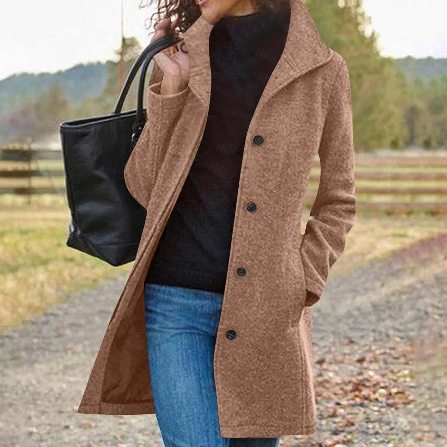 Wool Peacoats for Women 2024 Casual Single Breasted Mid-Length Jackets Coat Fall Winter Lapel Neck Windbreaker Trench Coats