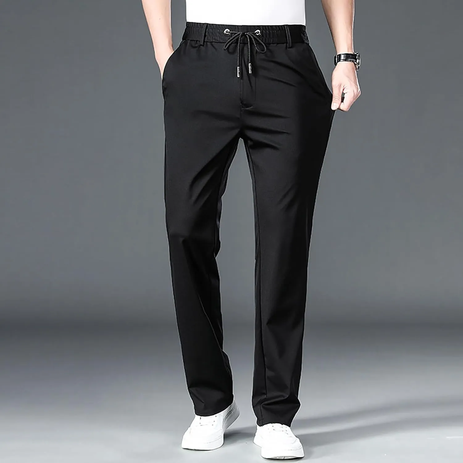 Work Pants for Men Classic Fit Flat Front Pants Lightweight Elastic Waist Golf Trousers with Pockets 2024