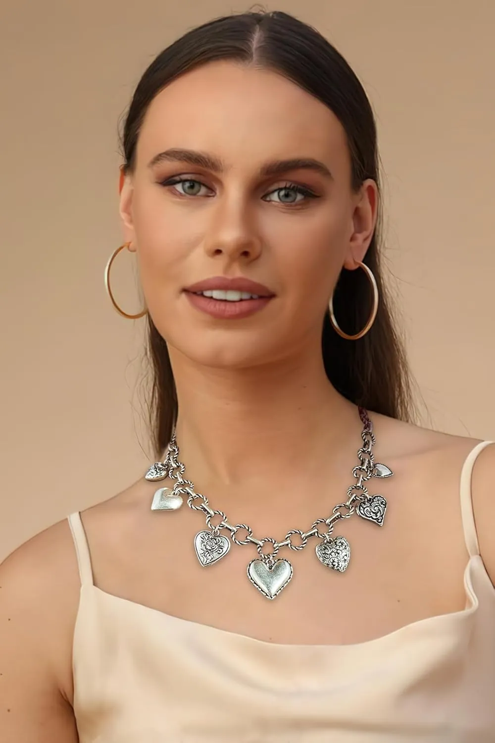 Worn Gold Heart Necklaces for Women with Seven Textured Heart Charms Necklace Puffy Heart Necklaces Gold Necklaces For Women Statement Necklace Women Jewelry Gift