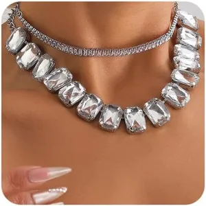Xerling Boho Layered Crystal Necklaces Silver Chunky Necklaces for Women Statement Rhinestones Choker Necklace