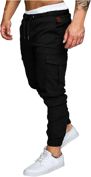 XUETON Mens Tapered Cargo Pants Slim Fit Chino Joggers Casual Work Trousers Sweatpants with Pockets and Drawstring Black