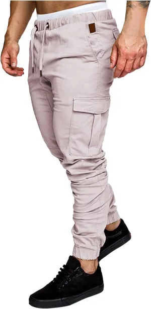 XUETON Mens Tapered Cargo Pants Slim Fit Chino Joggers Casual Work Trousers Sweatpants with Pockets and Drawstring White