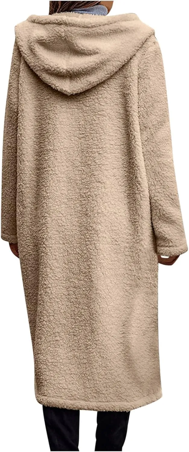 XUNRYAN Women Fashion Winter Warm Maxi Long Jackets Faux-Fur Trench Coat Polar Fleece Plush Jackets Lapel Peacoats Outerwear