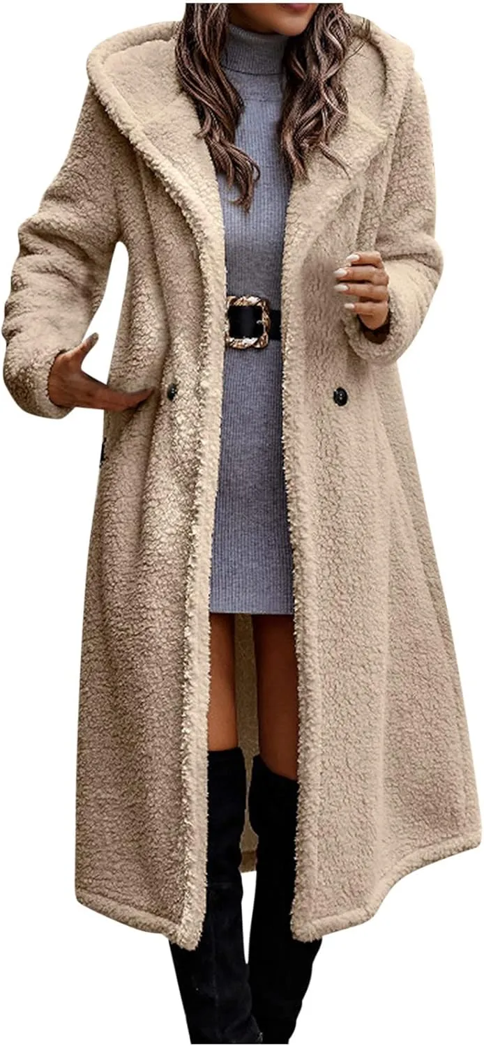 XUNRYAN Women Fashion Winter Warm Maxi Long Jackets Faux-Fur Trench Coat Polar Fleece Plush Jackets Lapel Peacoats Outerwear