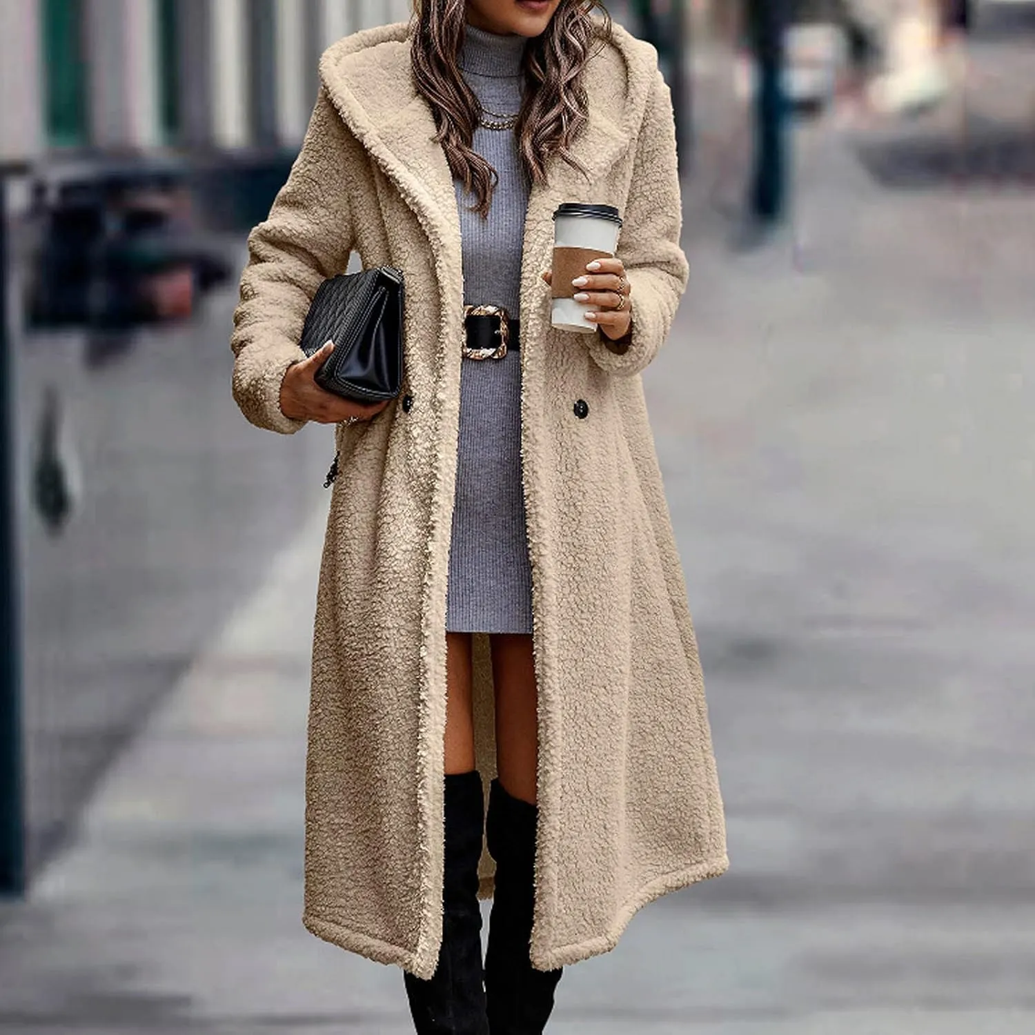 XUNRYAN Women Fashion Winter Warm Maxi Long Jackets Faux-Fur Trench Coat Polar Fleece Plush Jackets Lapel Peacoats Outerwear