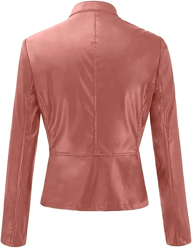 XUNRYAN Women's Classic Cropped Faux-Leather Moto Jackets Lightweight Full Zipper Jackets Winter Fall Casual Coats Solid
