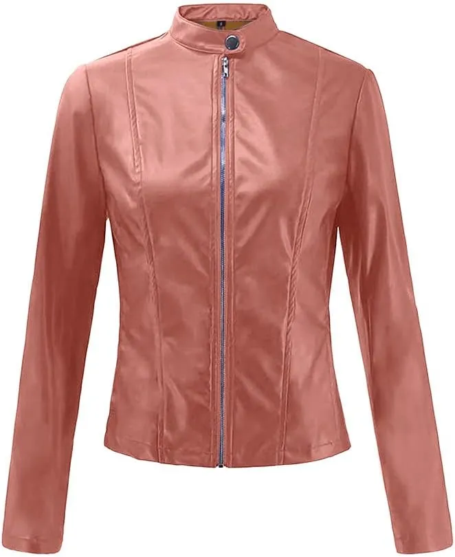 XUNRYAN Women's Classic Cropped Faux-Leather Moto Jackets Lightweight Full Zipper Jackets Winter Fall Casual Coats Solid