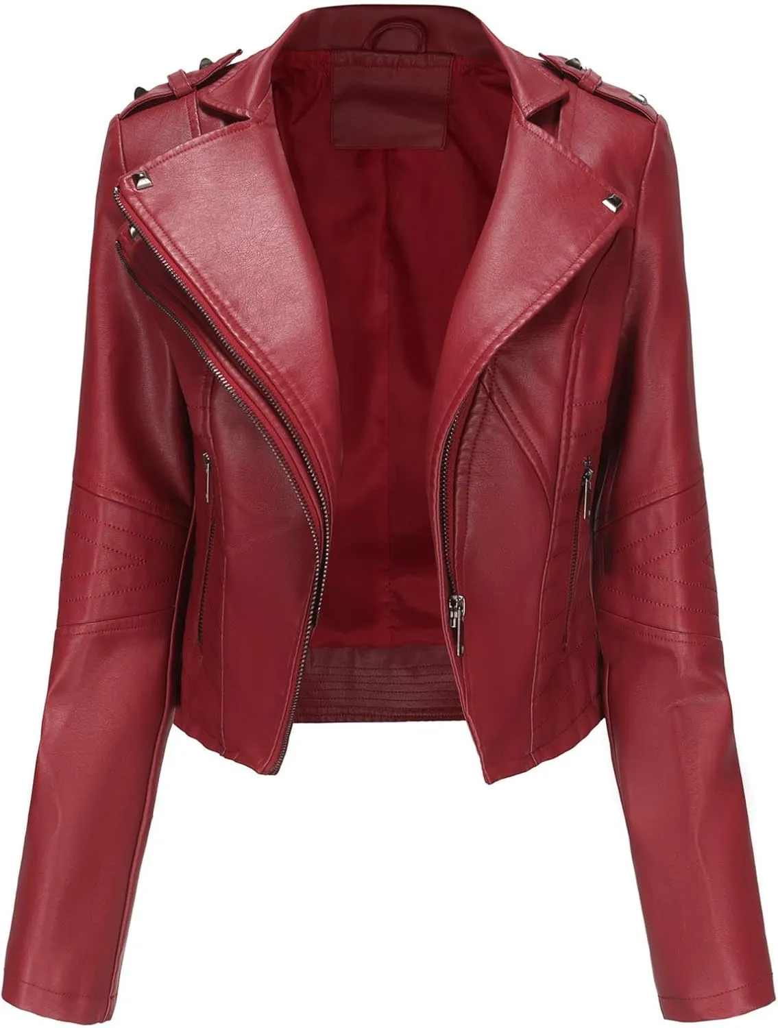 XUNRYAN Womens Faux Leather Jacket Moto Biker Short Coat Slim Fit Double Notch Lapel Zip Up Jacket 2024 Fashion Clothes
