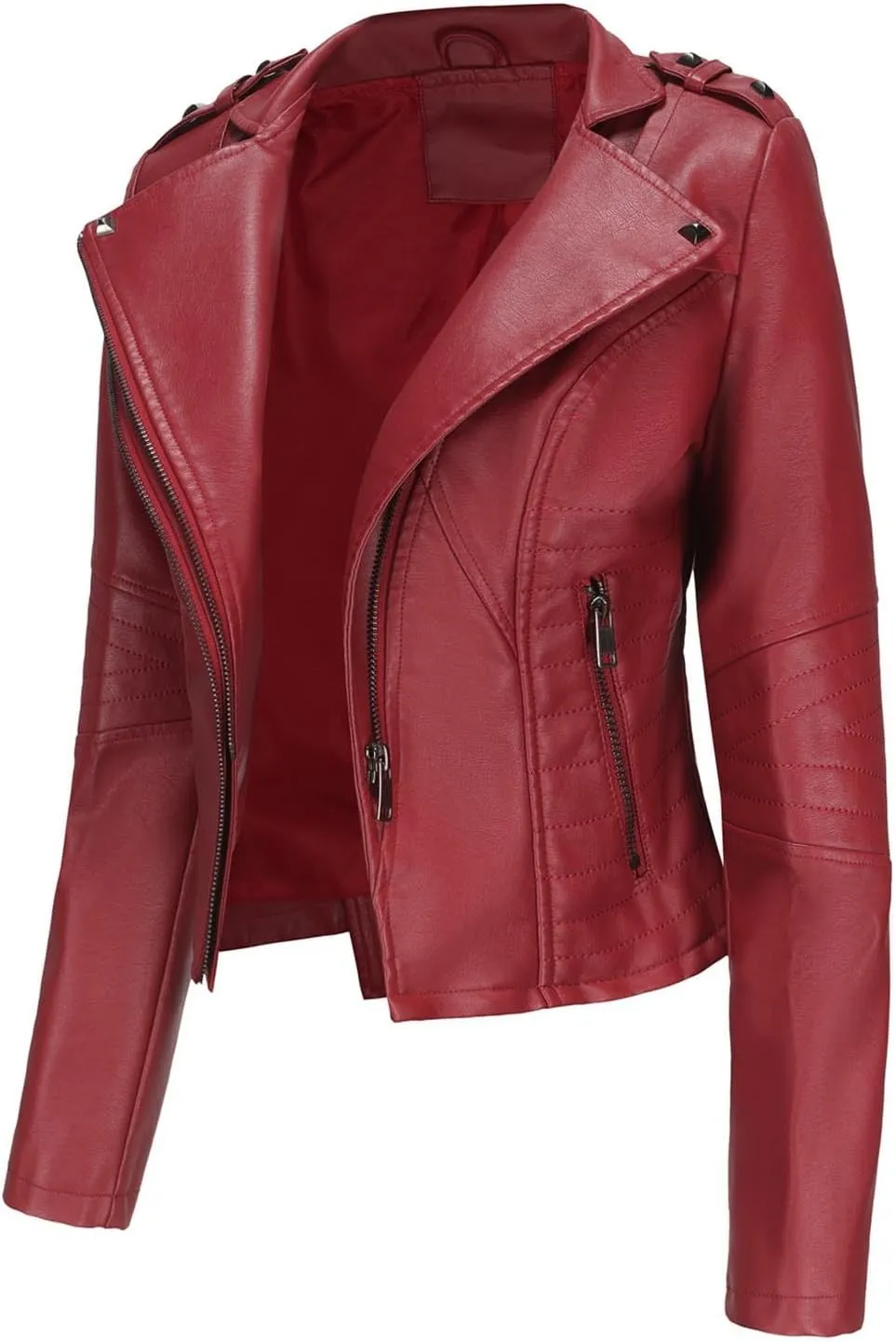 XUNRYAN Womens Faux Leather Jacket Moto Biker Short Coat Slim Fit Double Notch Lapel Zip Up Jacket 2024 Fashion Clothes