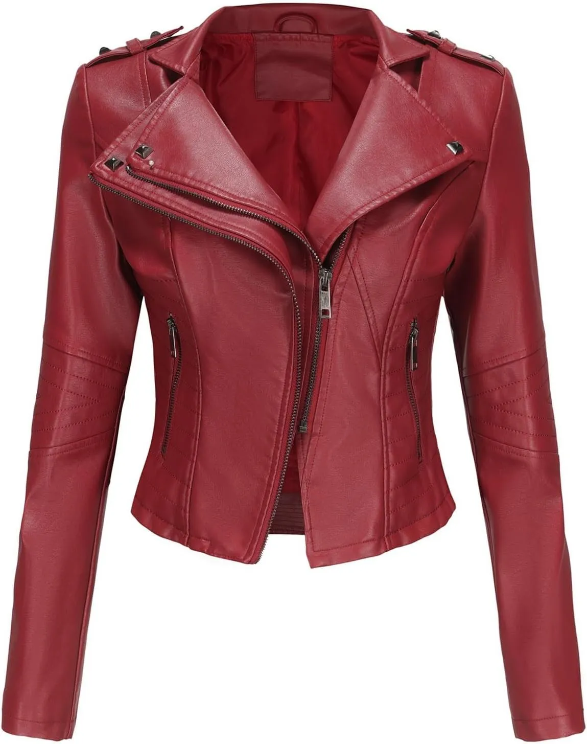 XUNRYAN Womens Faux Leather Jacket Moto Biker Short Coat Slim Fit Double Notch Lapel Zip Up Jacket 2024 Fashion Clothes