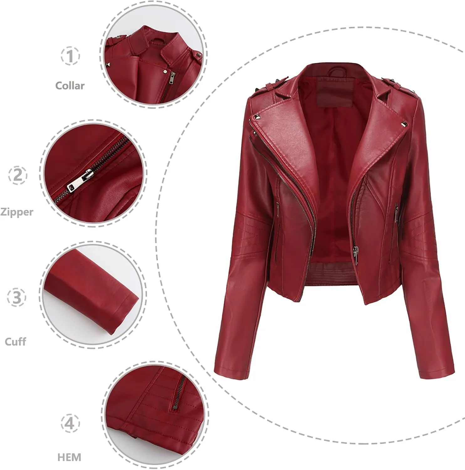 XUNRYAN Womens Faux Leather Jacket Moto Biker Short Coat Slim Fit Double Notch Lapel Zip Up Jacket 2024 Fashion Clothes