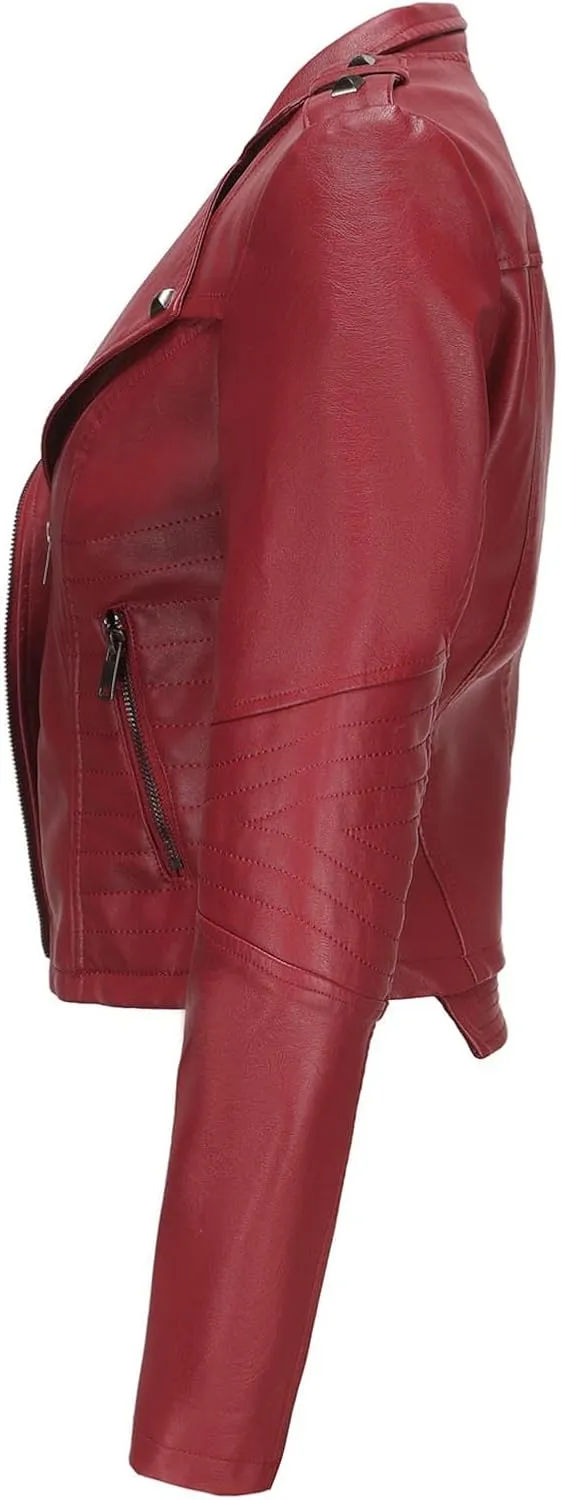 XUNRYAN Womens Faux Leather Jacket Moto Biker Short Coat Slim Fit Double Notch Lapel Zip Up Jacket 2024 Fashion Clothes