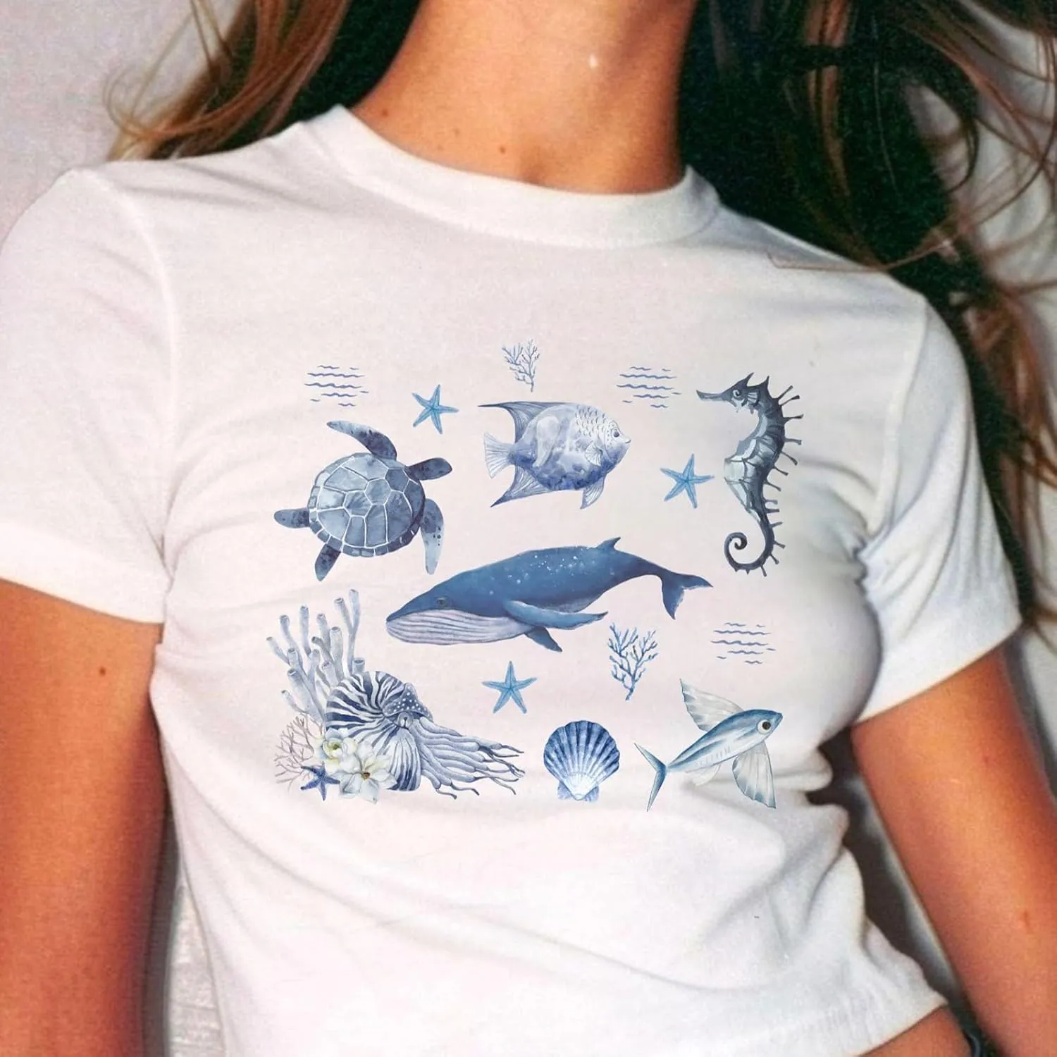 Y2k Baby Tee Short Sleeve Graphic Crop Top Women Teen Girl Floral Cute Crew Neck Slim Fit Vintage Cropped Shirts