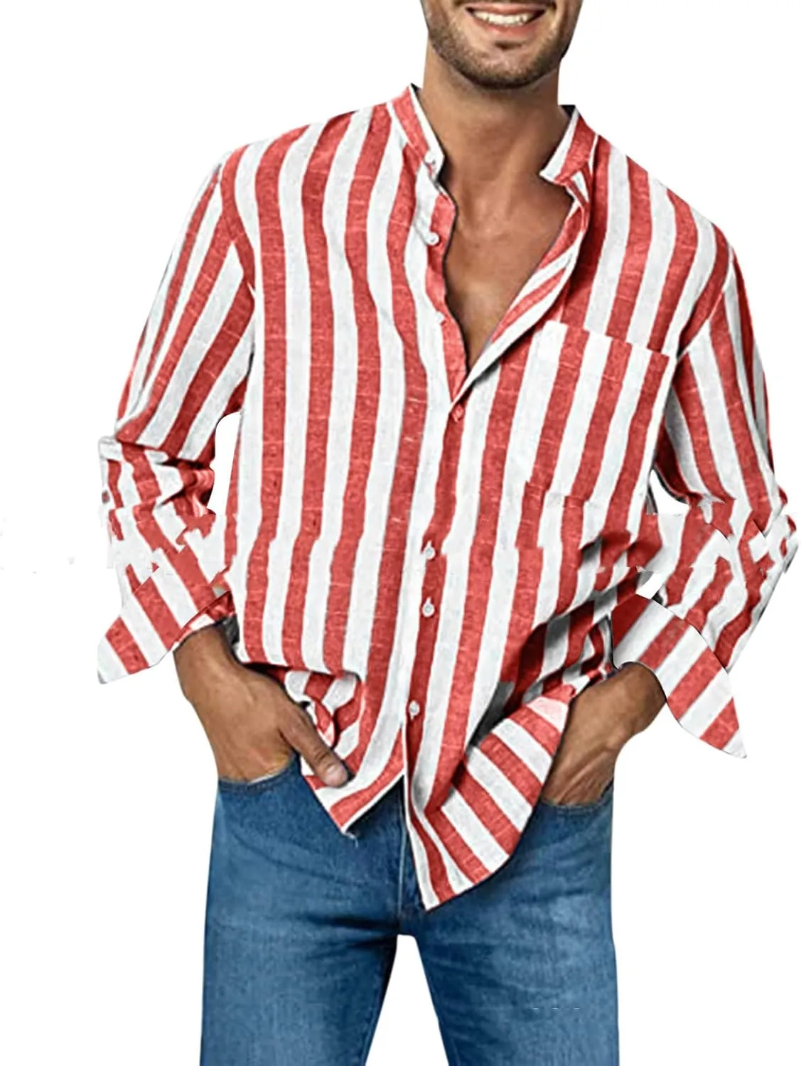 YawYews Men's Casual Long Sleeve Button Down Shirts Linen Striped Dress Shirts Beach Work Yoga Shirts